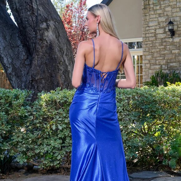 New Long Sheath Fashion Forward Prom Mesh Gown w/ Sheer Boned Bodice GL3688 - Picture 13 of 14